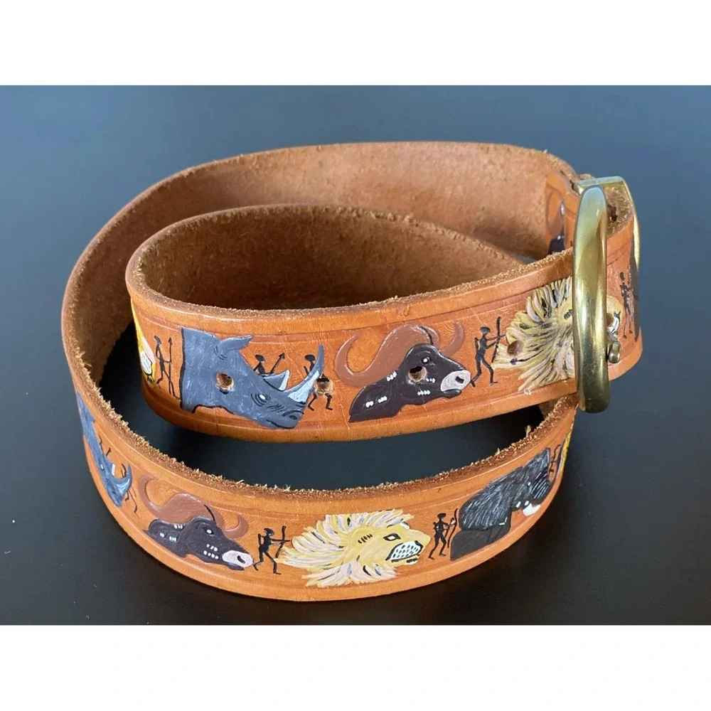 Tooled Leather Belt Brown Hand Painted Animals Safari Africa‎ Artisan  Boho 34